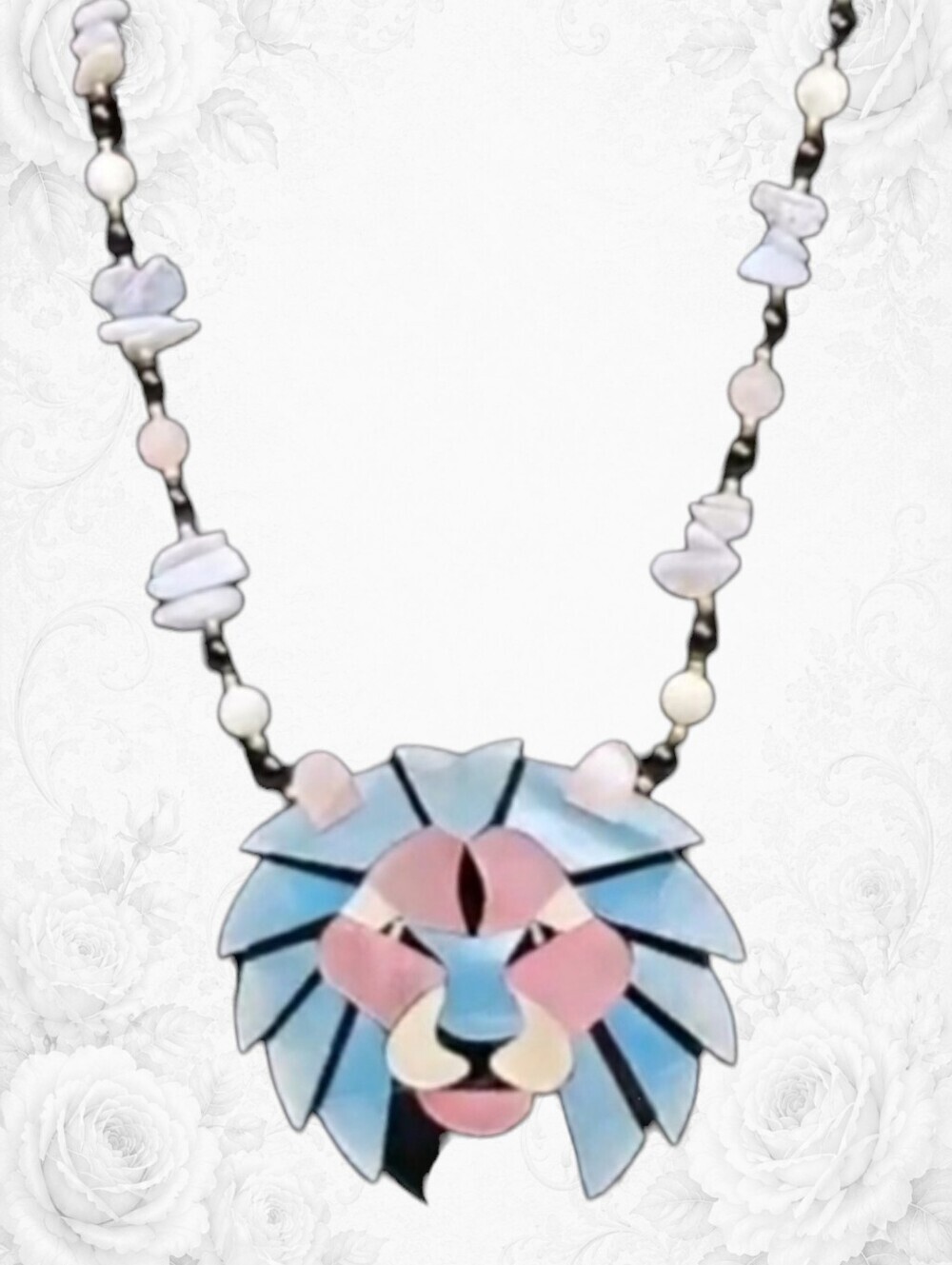 Vintage Lee Sands Lion Head Statement Necklace Mother of Pearl Inlay 18in
